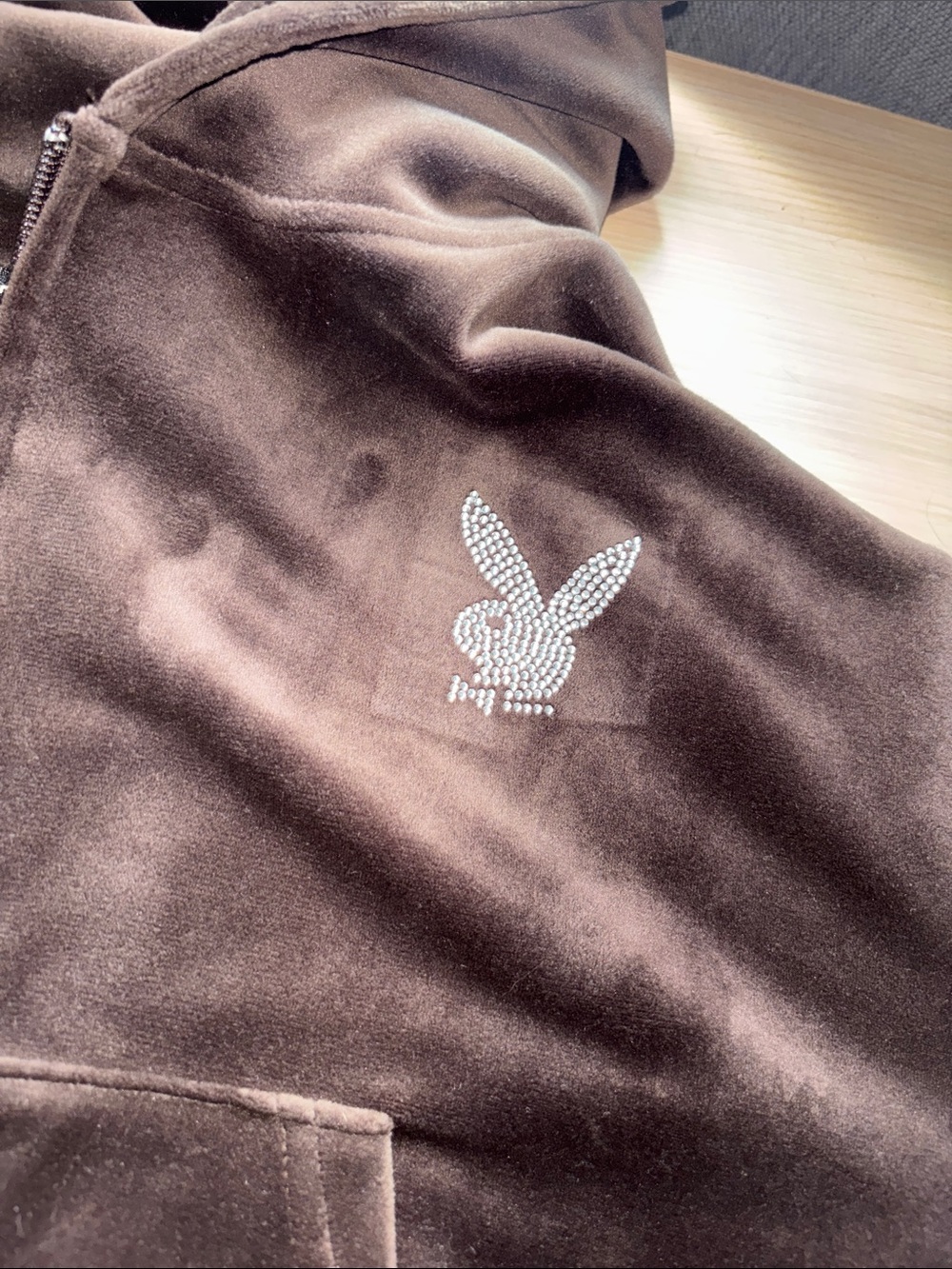 PLAYBOY Brown Velour Top with Rhinestone Script Logo - Picture 8 of 13